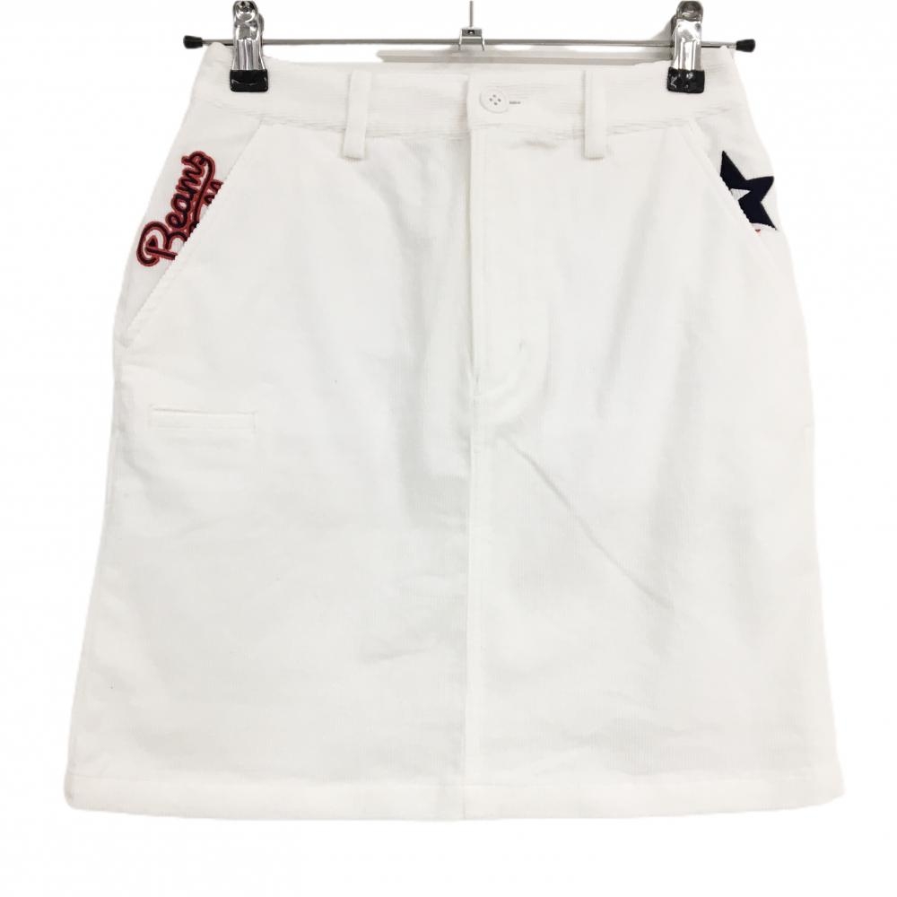 【超美品】ビームスゴルフ コーデュロイスカート 白 ポケット口ロゴ刺しゅう レディース S ゴルフウェア BEAMS GOLF
