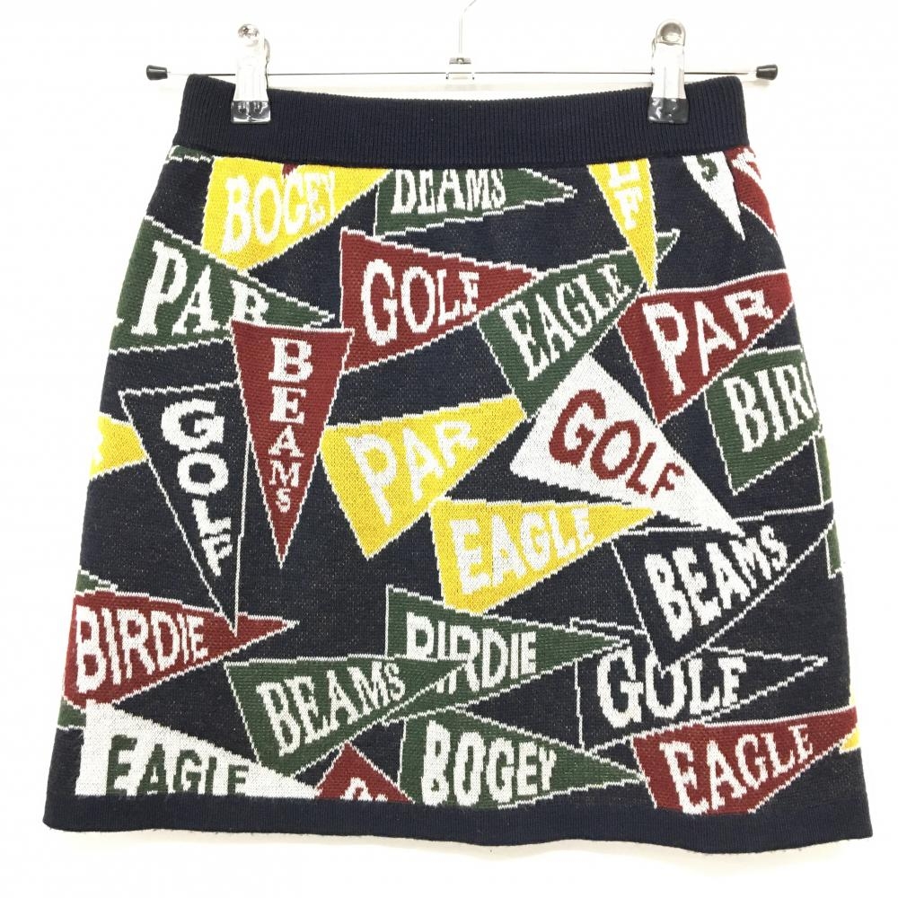 【美品】ビームスゴルフ ニットスカート ダークネイビー×イエロー系×ボルドー系 総柄 裏地付き  レディース S ゴルフウェア BEAMS GOLF