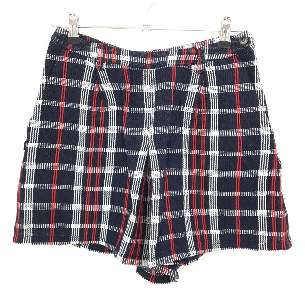 【超美品】ビームスゴルフ キュロットスカート ネイビー×白×レッド チェック 凹凸編み 刺しゅう  レディース L ゴルフウェア BEAMS GOLF