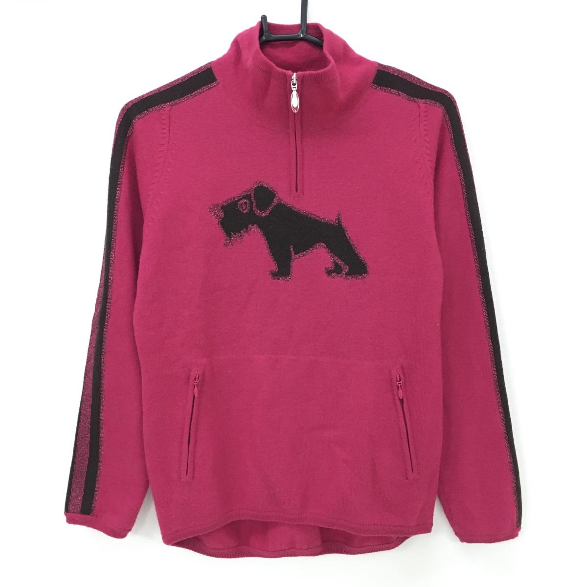 ヒールクリーク ハイネックセーター ピンク×ダークブラウン 袖ライン 一部ラメ レディース 40(M) ゴルフウェア Heal Creek