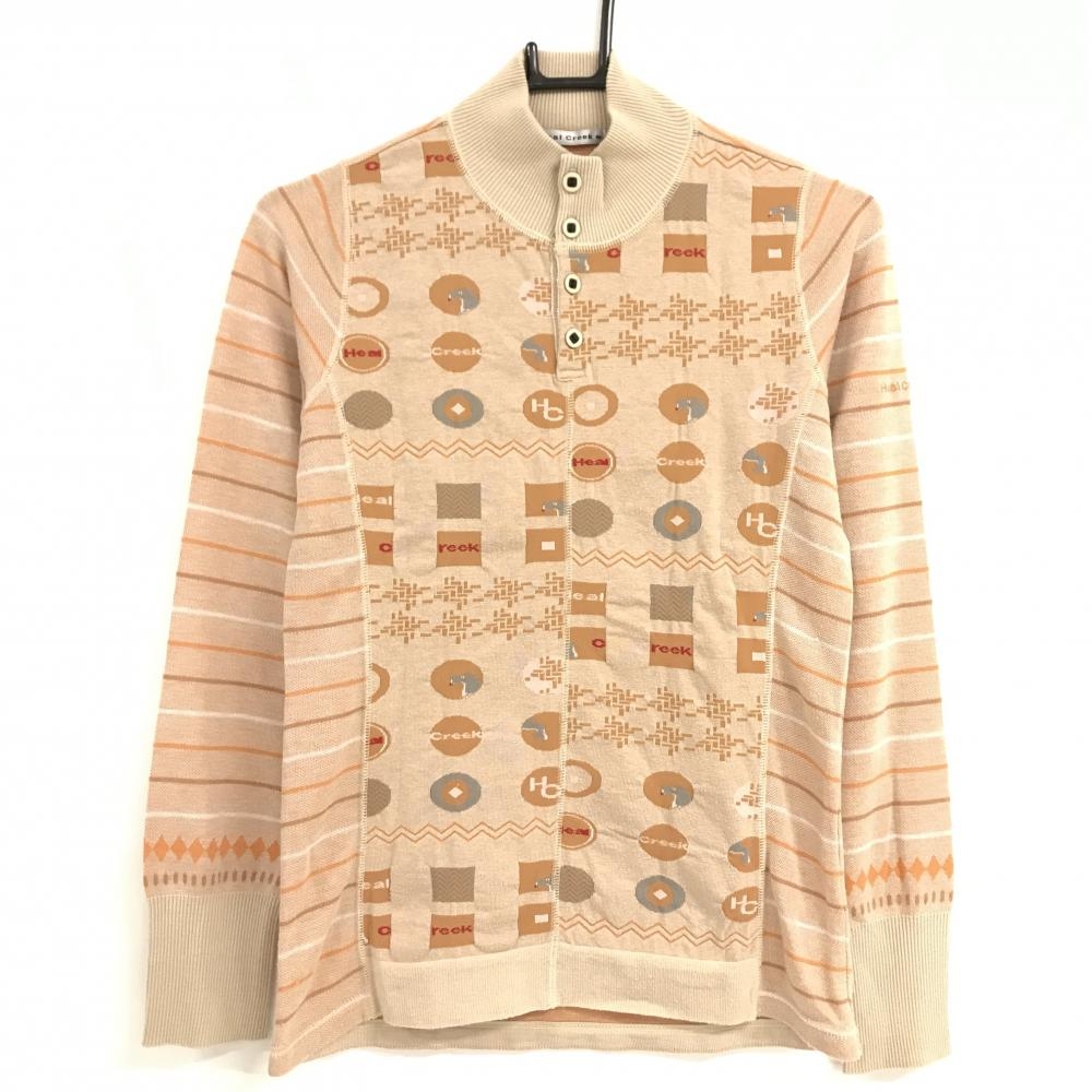 ヒールクリーク ハイネックセーター ベージュ×オレンジブラウン 前身頃総柄 袖・背面ボーダー レディース 40(M) ゴルフウェア Heal Creek