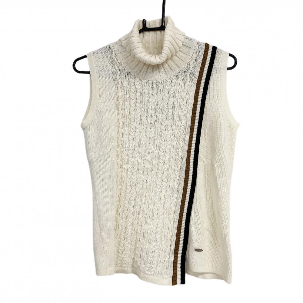 【新品】ヒールクリーク タートルネックニットベスト アイボリー 前面ケーブル編み ウール混 レディース 40(M) ゴルフウェア Heal Creek