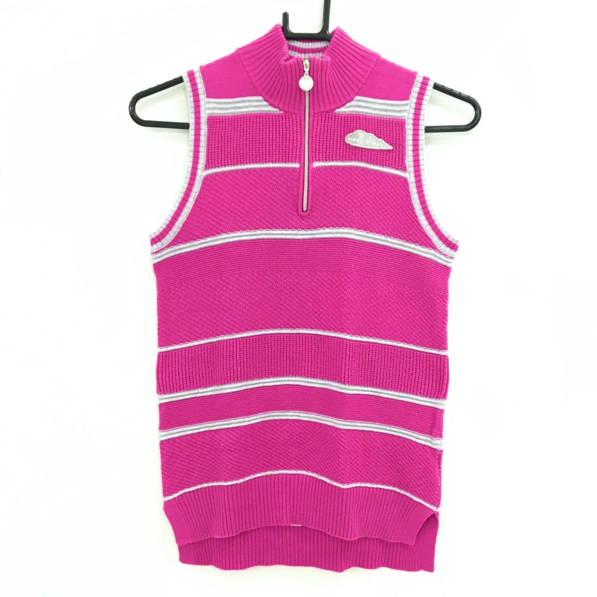 【超美品】ヒールクリーク ハイネックニットベスト ピンク×ライトグレー ボーダー  レディース 40(M) ゴルフウェア Heal Creek