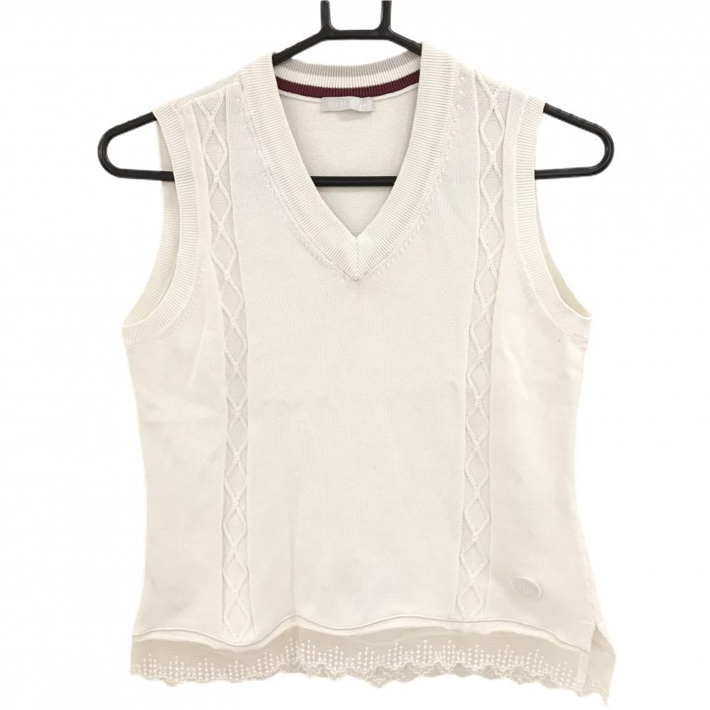【超美品】ヒールクリーク ニットベスト 白 裾レース Vネック ロゴ刺しゅう レディース 40(M) ゴルフウェア Heal Creek