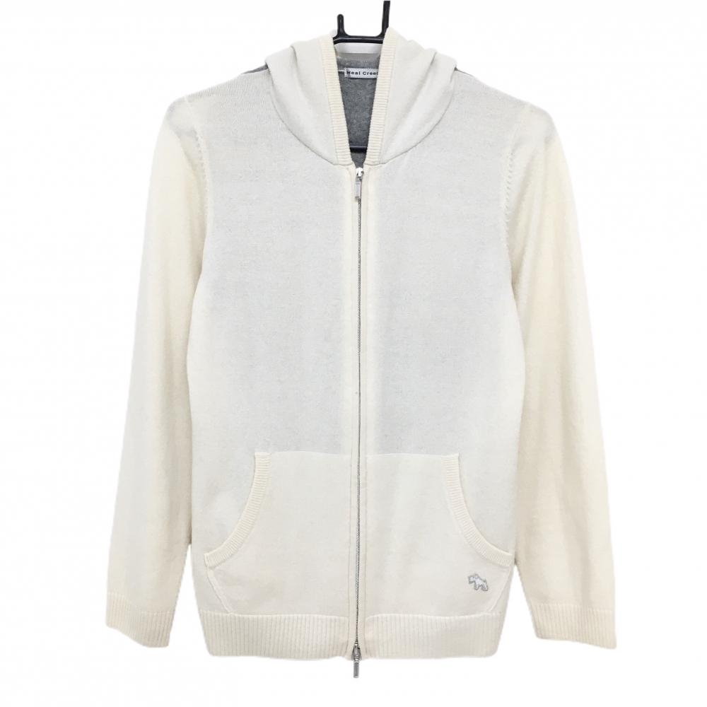 ヒールクリーク フード付きニットジャケット アイボリー×グレー カシミヤ100％  レディース 42(L) ゴルフウェア Heal Creek
