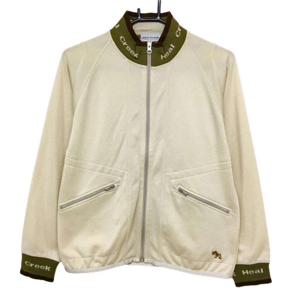 【美品】ヒールクリーク 切替ジャケット ベージュ×カーキ ネック・袖口ニット 裏微起毛 レディース 40(M) ゴルフウェア Heal Creek