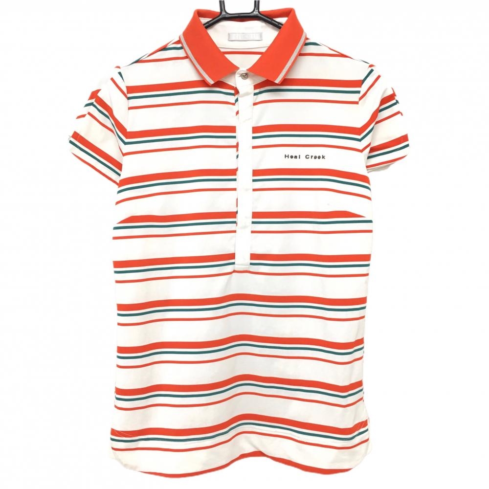 ヒールクリーク 半袖ポロシャツ 白×オレンジ ボーダー 胸刺しゅう レディース 40(M) ゴルフウェア Heal Creek