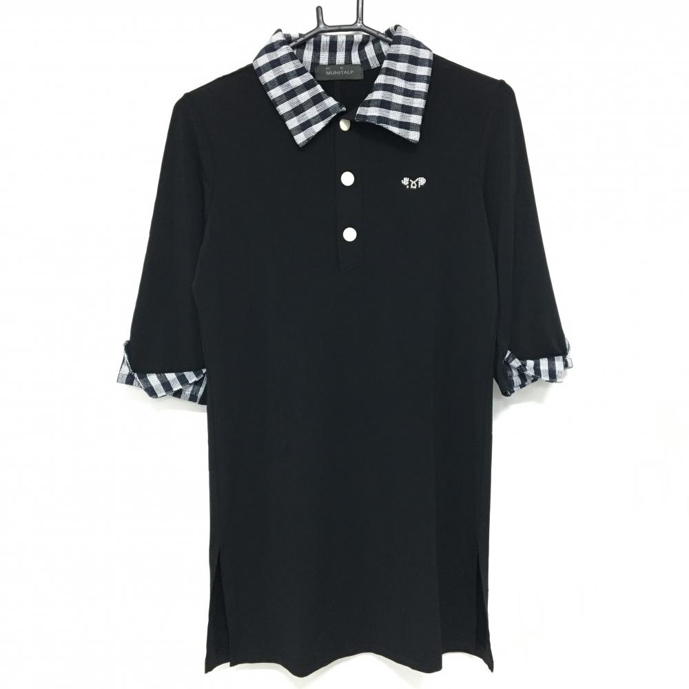 ムニタルプ 半袖ポロシャツ 黒×白 襟袖口チェック チュニック丈 ヒールクリーク レディース 40(M) ゴルフウェア Heal Creek