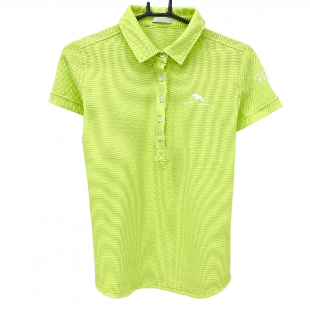 【超美品】ヒールクリーク 半袖ポロシャツ ライトグリーン 凸凹生地 ロゴ刺しゅう  レディース 40(M) ゴルフウェア Heal Creek