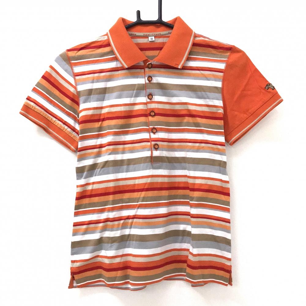 【超美品】ヒールクリーク 半袖ポロシャツ オレンジ×白 ボーダー  レディース 40(M) ゴルフウェア Heal Creek