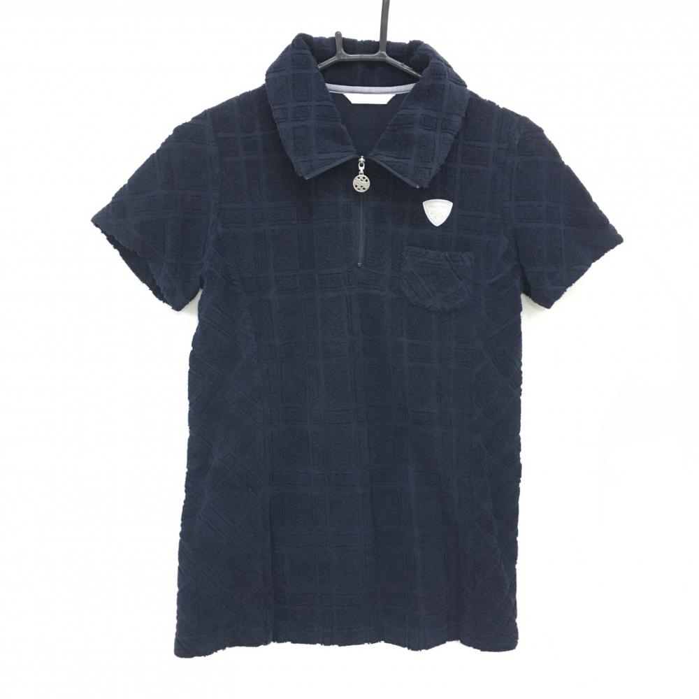 【美品】ヒールクリーク 半袖ポロシャツ ダークネイビー パイル地 チェック柄地模様  レディース 40(M) ゴルフウェア Heal Creek