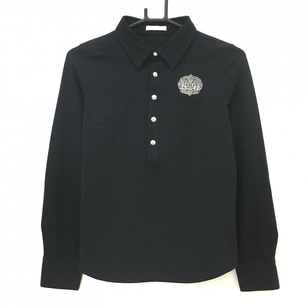 【超美品】ヒールクリーク 長袖ポロシャツ 黒 ボタンシルバー  レディース 40(M) ゴルフウェア Heal Creek