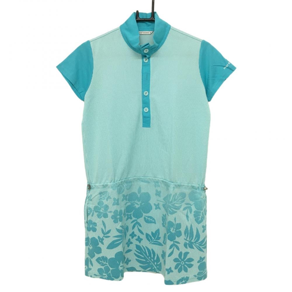 【美品】ヒールクリーク ハイネックワンピース ライトブルー×白 ストライプ 花柄 ボタン  レディース 40(M) ゴルフウェア Heal Creek