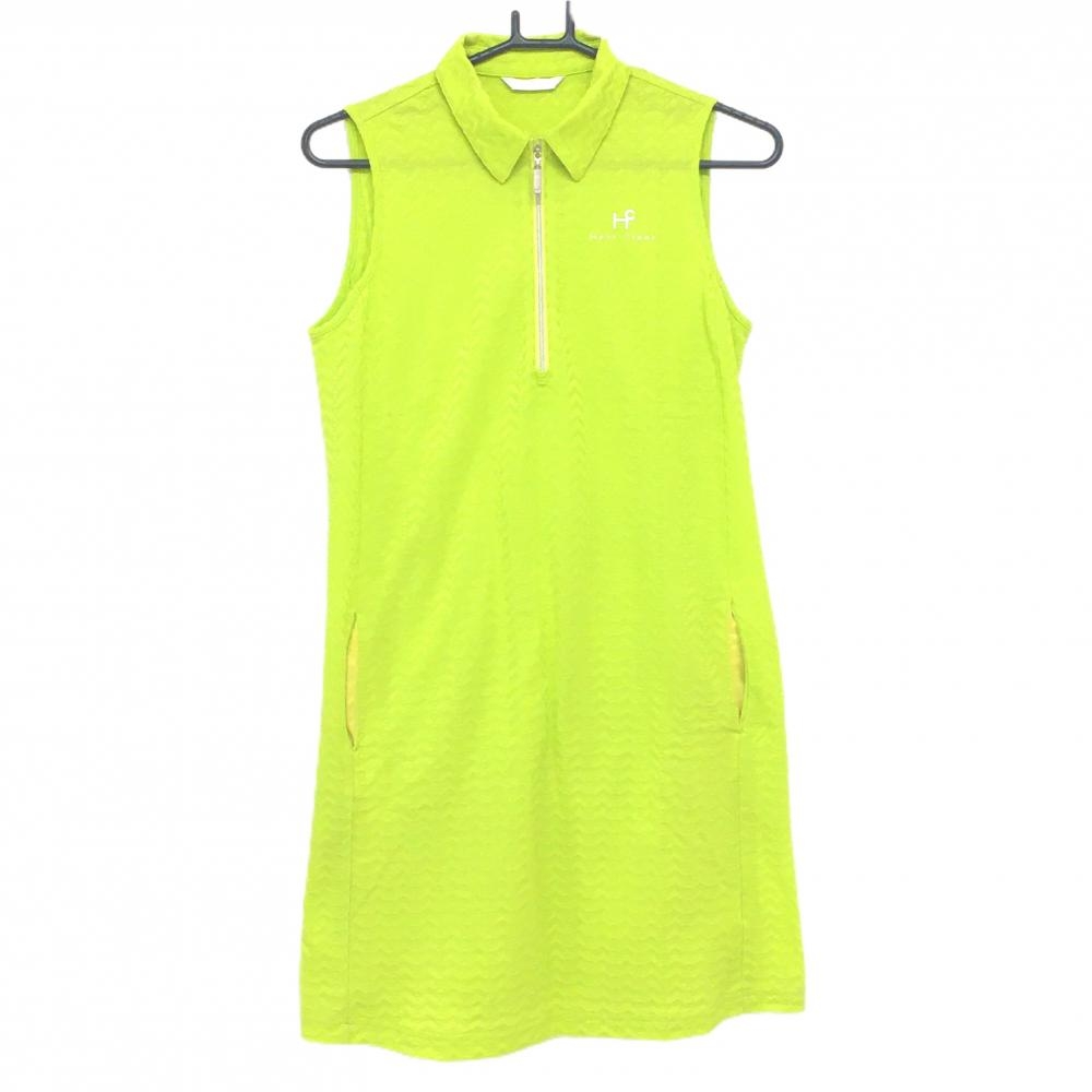 【美品】ヒールクリーク ノースリーブワンピース ライトグリーン 総柄織生地 ハーフジップ レディース 40(M) ゴルフウェア Heal Creek