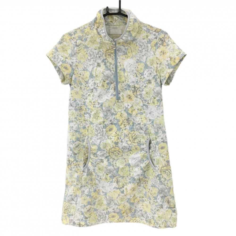 【美品】ヒールクリーク 半袖ハイネックワンピース ライトブルー×イエロー 花柄 ハーフジップ  レディース 40(M) ゴルフウェア Heal Creek