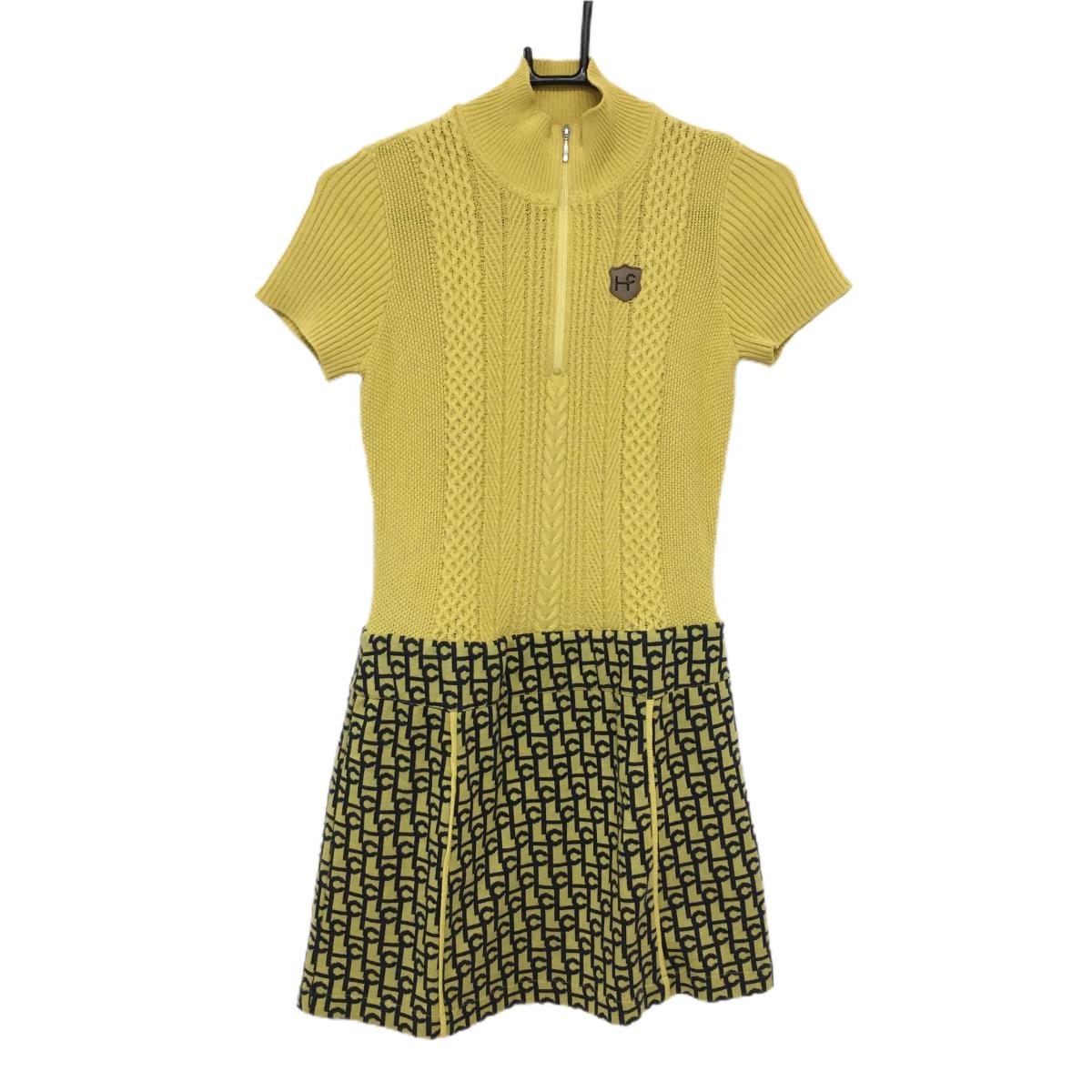 【超美品】ヒールクリーク 半袖ハイネックワンピース イエロー×ネイビー ケーブル編み  レディース 40(M) ゴルフウェア Heal Creek
