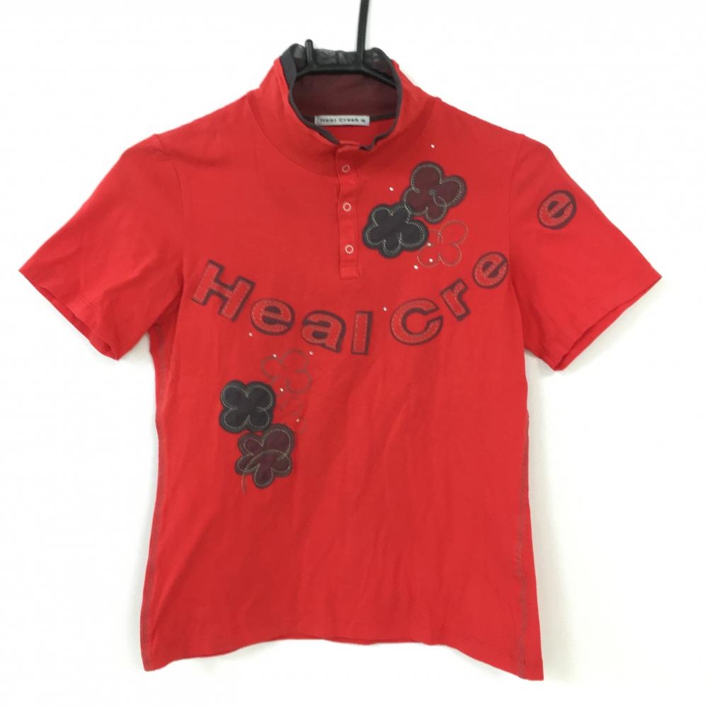 【美品】Heal Creek ヒールクリーク 半袖ハイネックシャツ レッド×グレー レース調花柄 スナップボタン レディース 40(M) ゴルフウェア 画像