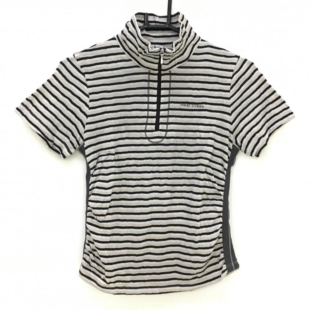 【美品】ヒールクリーク 半袖ハイネックシャツ ベージュ×黒 ボーダー ハーフジップ  レディース 40(M) ゴルフウェア Heal Creek