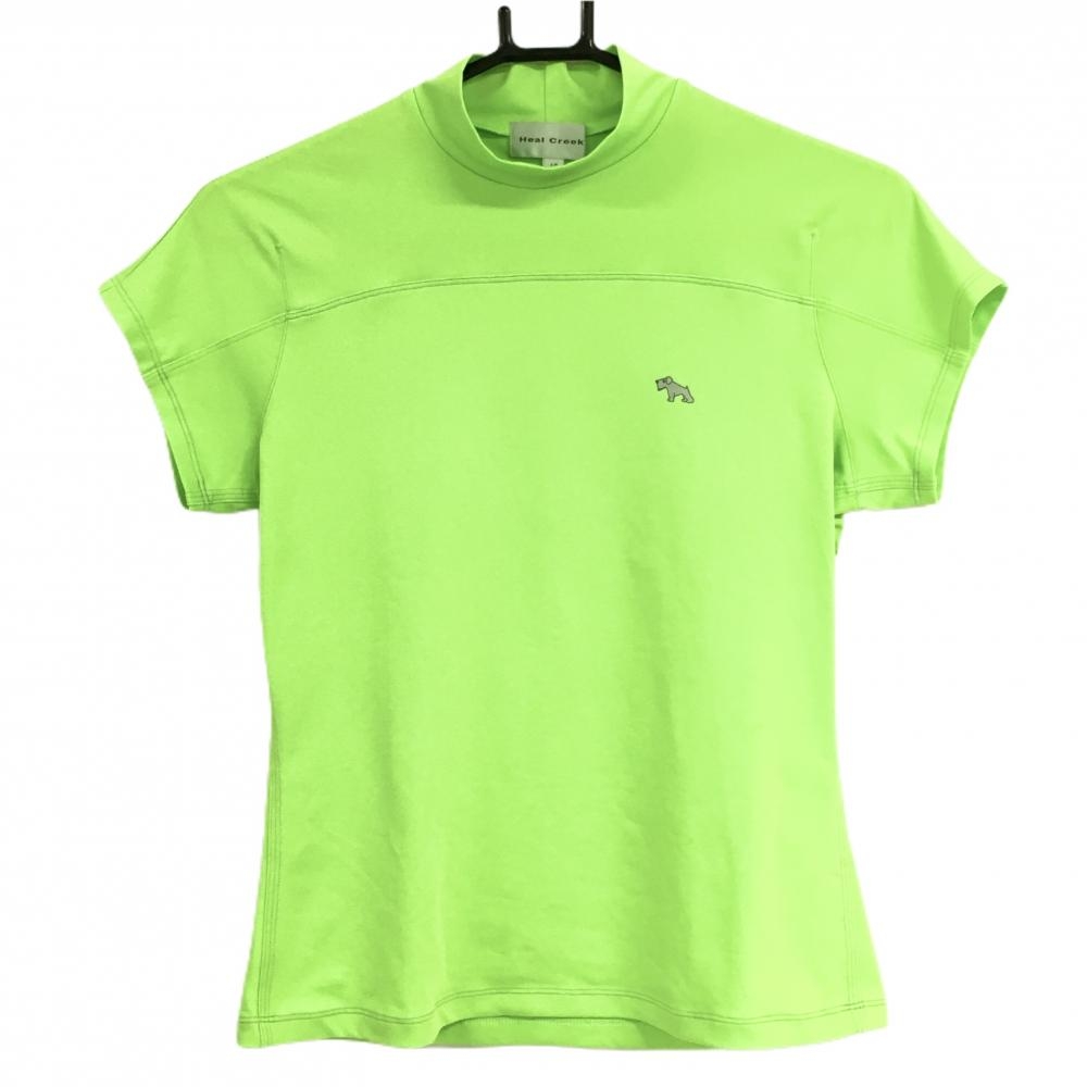 【美品】ヒールクリーク 半袖ハイネックシャツ ライトグリーン 胸犬プリント  レディース 40(M) ゴルフウェア Heal Creek