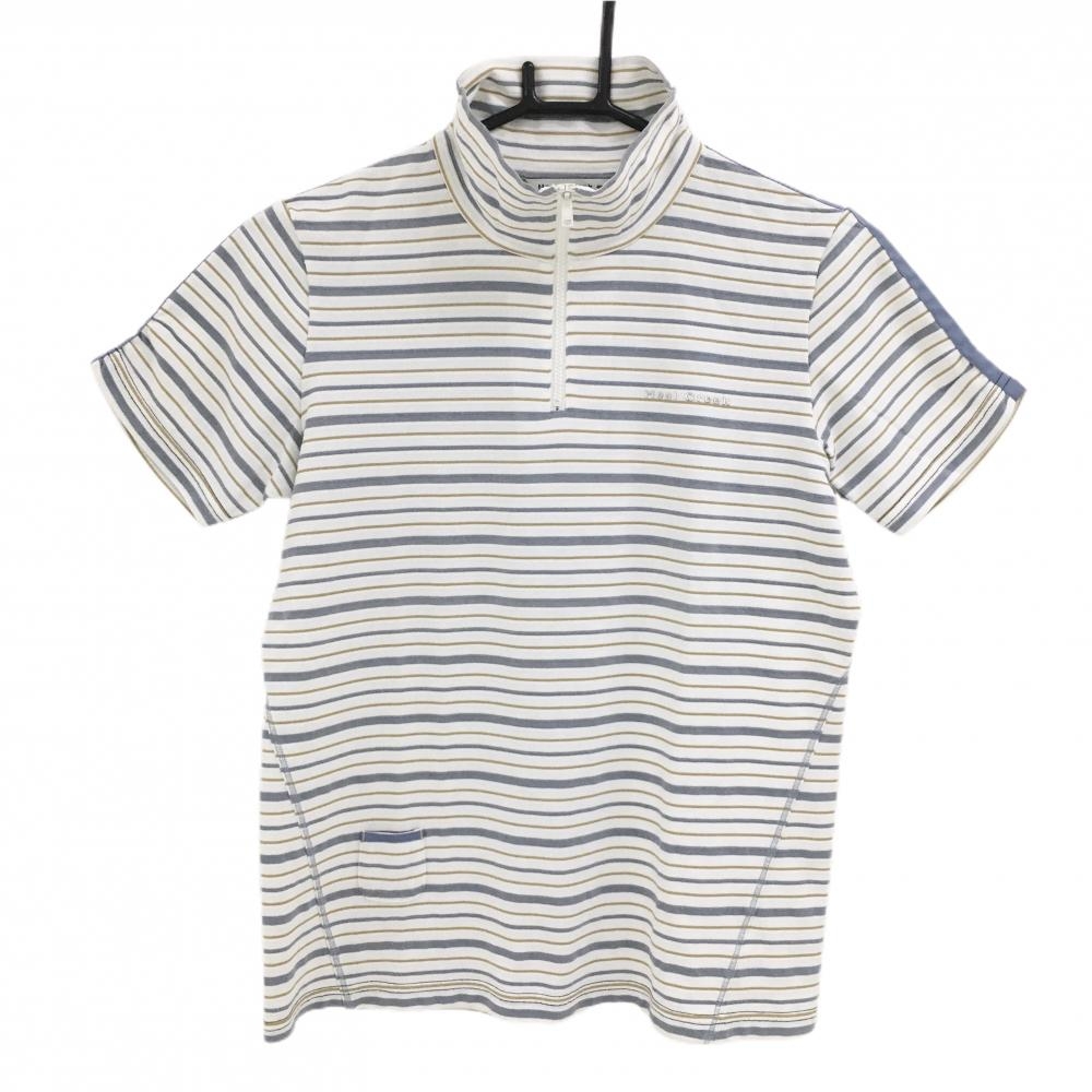 ヒールクリーク 半袖ハイネックシャツ 白×グレー ボーダー ハーフジップ レディース 40(M) ゴルフウェア Heal Creek