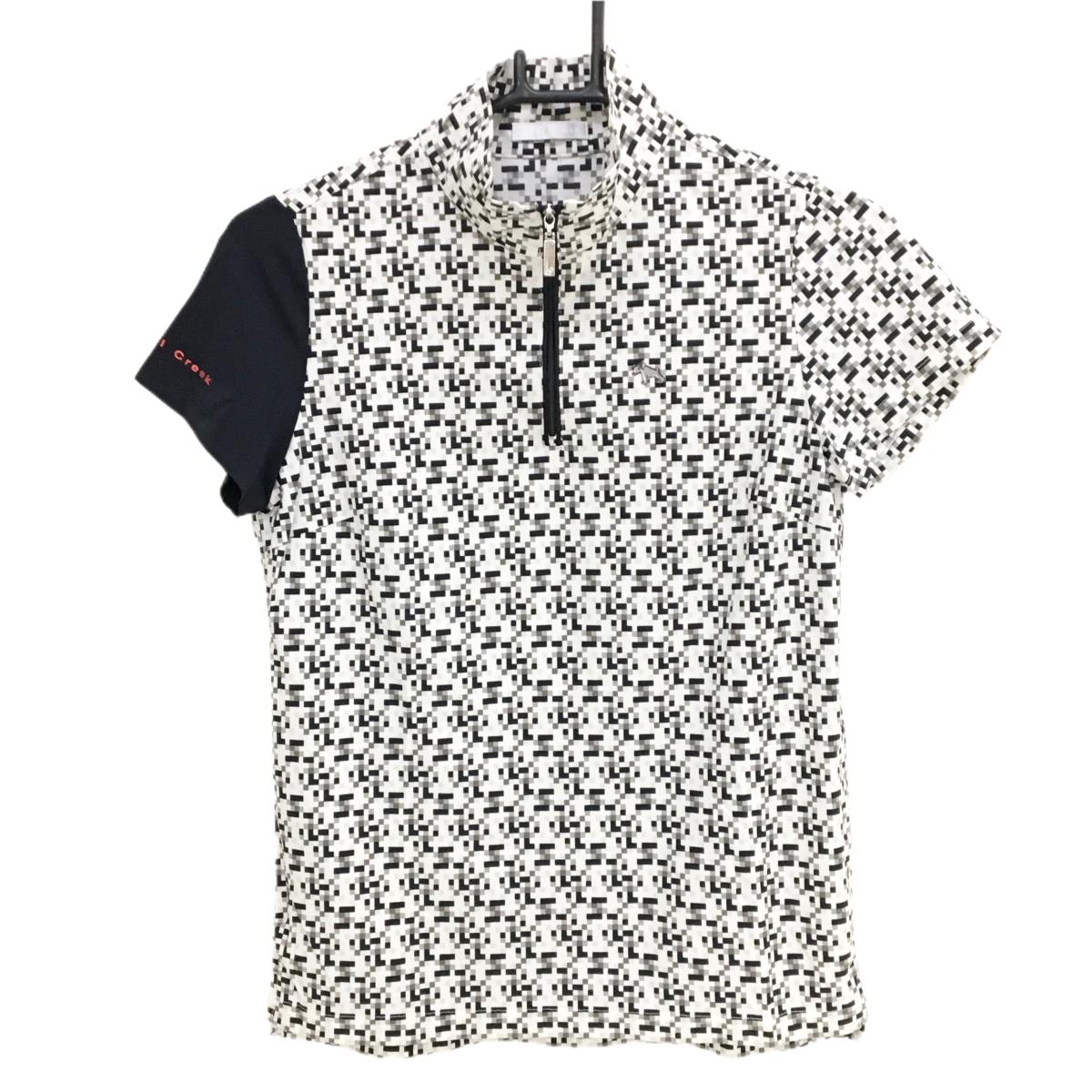 【美品】ヒールクリーク 半袖ハイネックシャツ 白×黒 総柄 ハーフジップ ナイロン混 レディース 40(M) ゴルフウェア Heal Creek