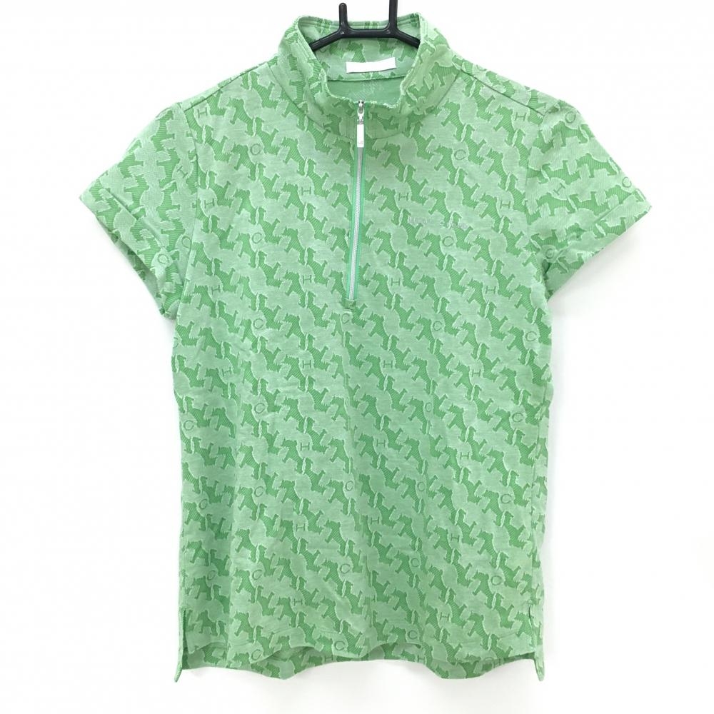 【超美品】ヒールクリーク 半袖ハイネックシャツ グリーン ドッグ総柄 ハーフジップ レディース 42(L) ゴルフウェア Heal Creek