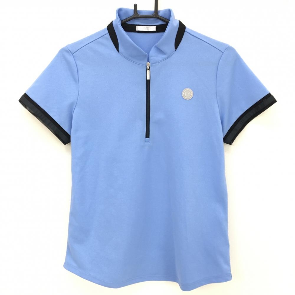 【超美品】ヒールクリーク 半袖ハイネックシャツ ライトブルー×黒 ハーフジップ  レディース 44(L) ゴルフウェア Heal Creek