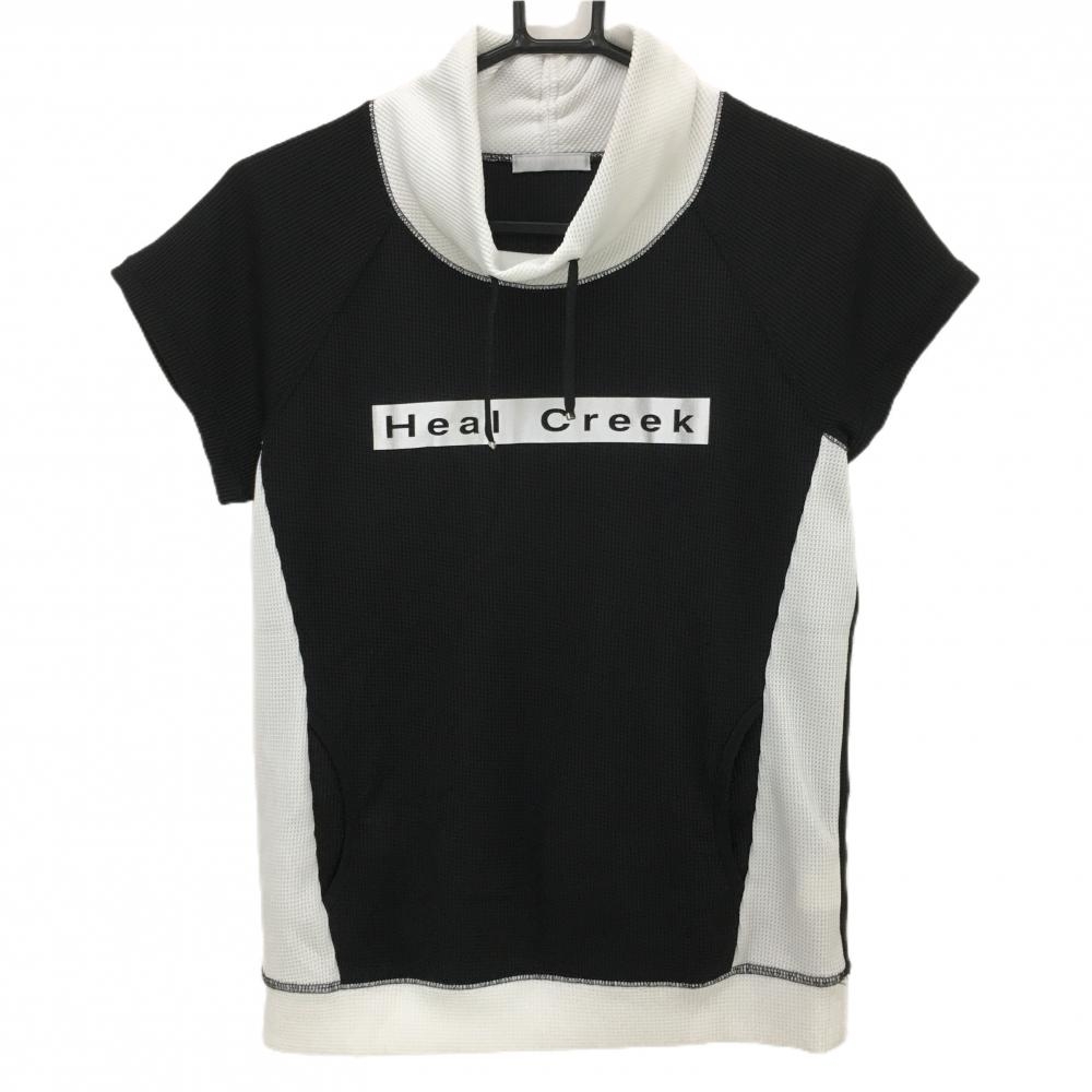 【美品】ヒールクリーク 半袖ハイネックシャツ 黒×白 織生地 フロントロゴ レディース 40(M) ゴルフウェア Heal Creek