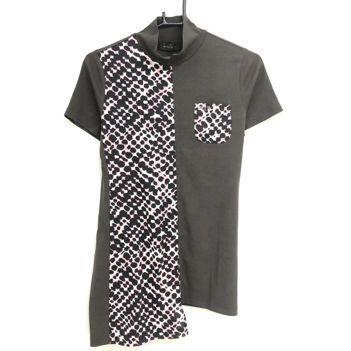 【超美品】ムニタルプ 半袖ハイネックシャツ ブラウン×白×ピンク 一部総柄  レディース 40(M) ゴルフウェア Heal Creek