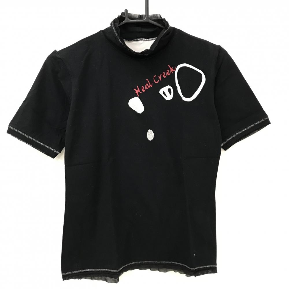 ヒールクリーク 半袖ハイネックシャツ 黒×グレー 一部メッシュ スパンコール  レディース 40(M) ゴルフウェア Heal Creek
