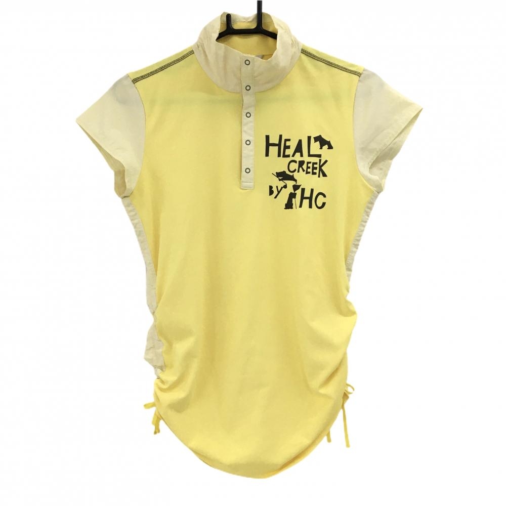 【超美品】ヒールクリーク 半袖ハイネックシャツ イエロー チュニック 切替素材 レディース 40(M) ゴルフウェア Heal Creek