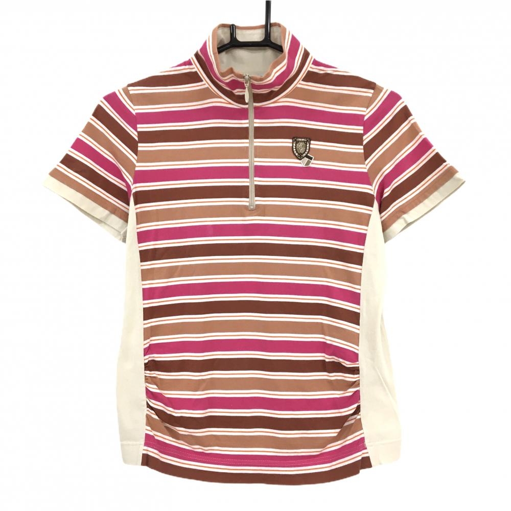 【美品】ヒールクリーク 半袖ハイネックシャツ ベージュ×ブラウン×ピンク レディース 40(M) ゴルフウェア Heal Creek