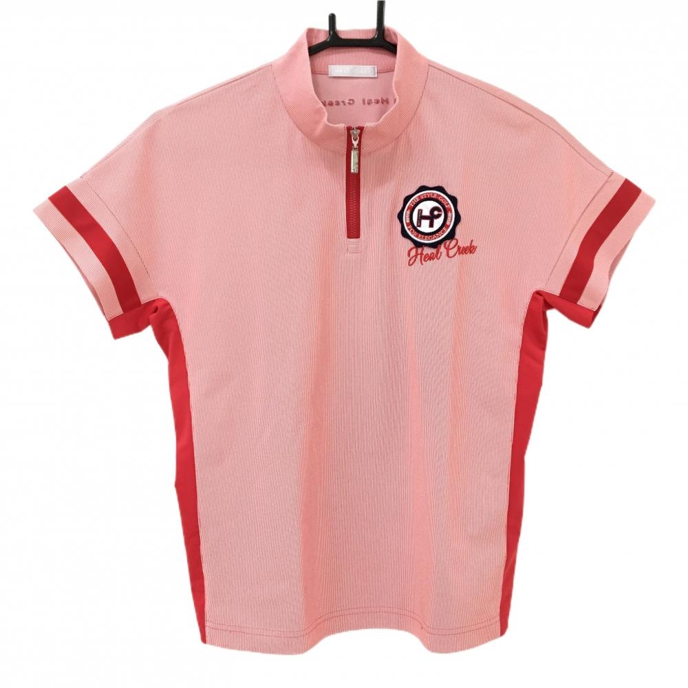 【美品】ヒールクリーク 半袖ハイネックシャツ レッド×白 ストライプ ハーフジップ  レディース 40(M) ゴルフウェア Heal Creek