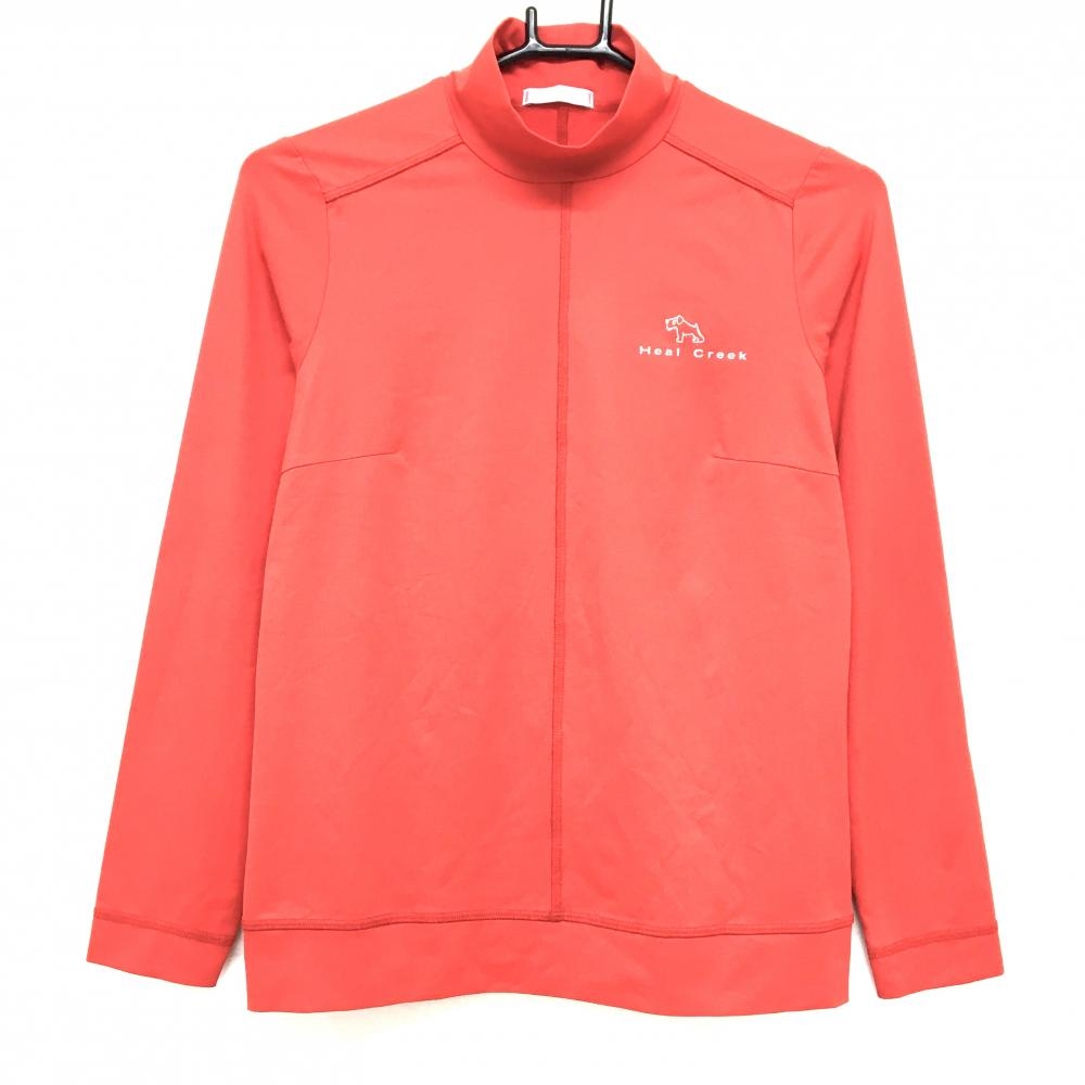 【超美品】ヒールクリーク 長袖ハイネックシャツ レッド ストレッチ ロゴプリント レディース 40(M) ゴルフウェア Heal Creek