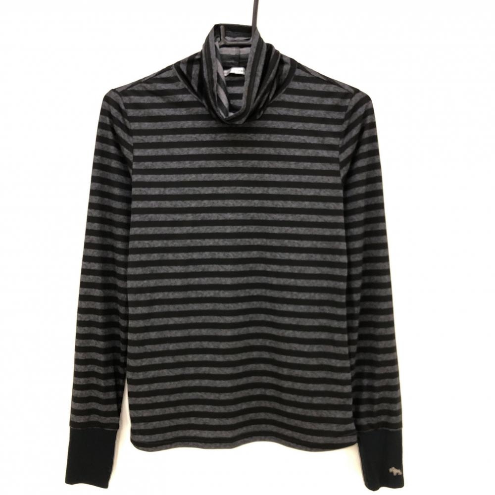 【美品】ヒールクリーク 長袖ハイネックシャツ 杢グレー×黒 ボーダー 薄手 インナー レディース 40(M) ゴルフウェア Heal Creek