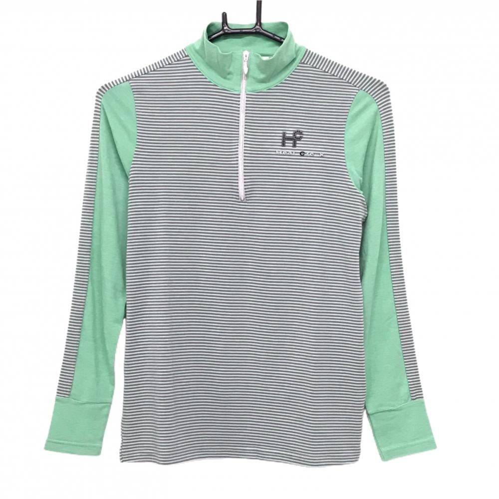 ヒールクリーク 長袖ハイネックシャツ グリーン×グレー 一部ボーダー 表微起毛 ハーフジップ  レディース 40(M) ゴルフウェア Heal Creek