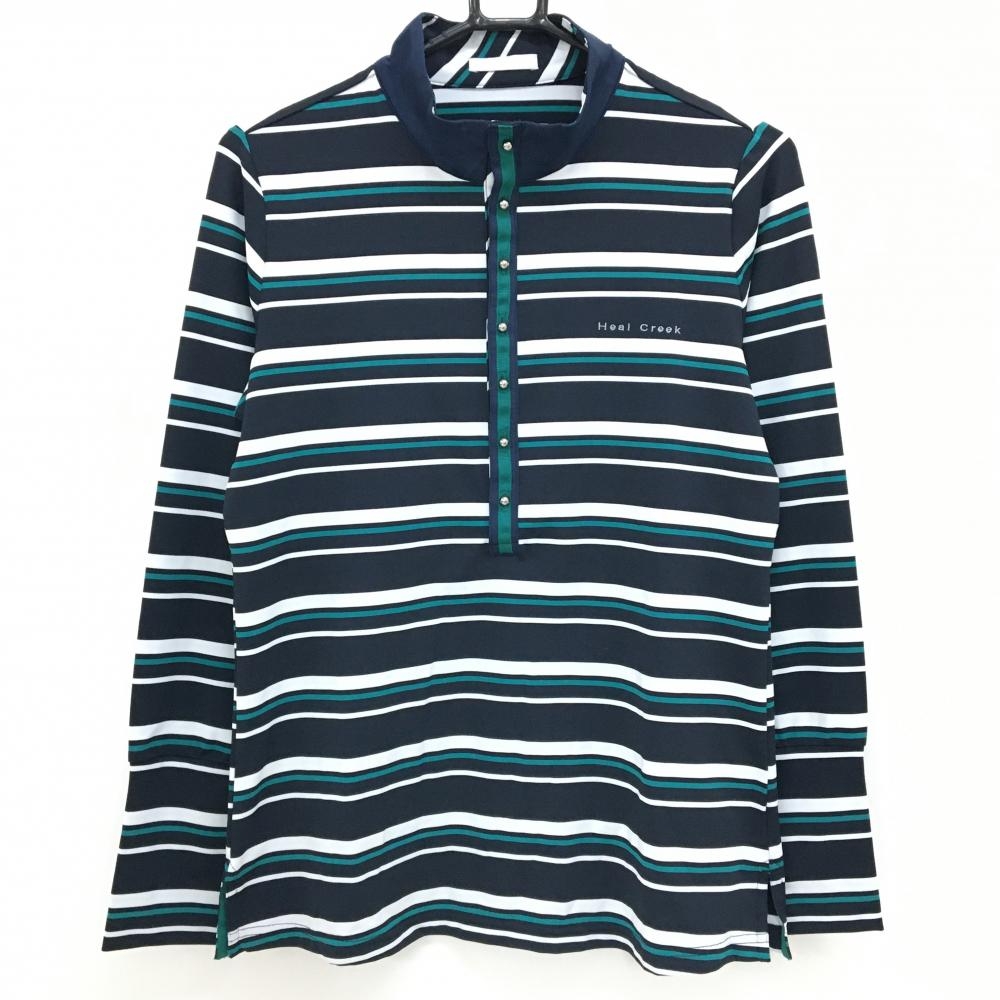 【超美品】ヒールクリーク 長袖ハイネックシャツ　ネイビー×白 ボーダー ストレッチ  レディース 42(L) ゴルフウェア Heal Creek