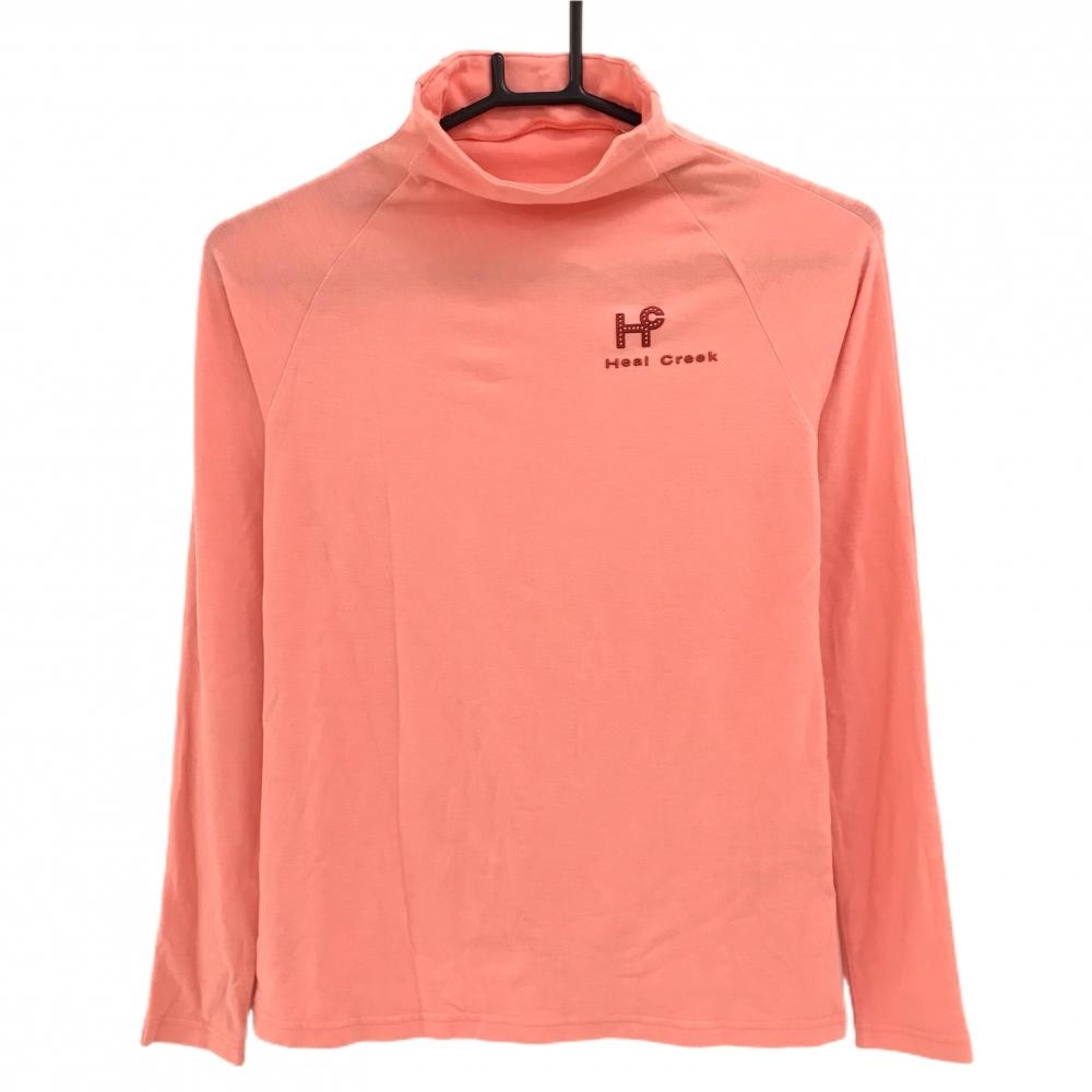 【超美品】ヒールクリーク 長袖ハイネックシャツ サーモンピンク 胸元ロゴ 微起毛  レディース 40(M) ゴルフウェア Heal Creek