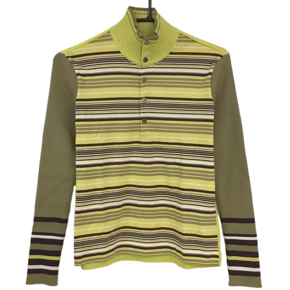 【新品】ヒールクリーク 長袖ハイネックシャツ イエロー×ブラウン 前身頃ボーダー レディース 40(M) ゴルフウェア Heal Creek