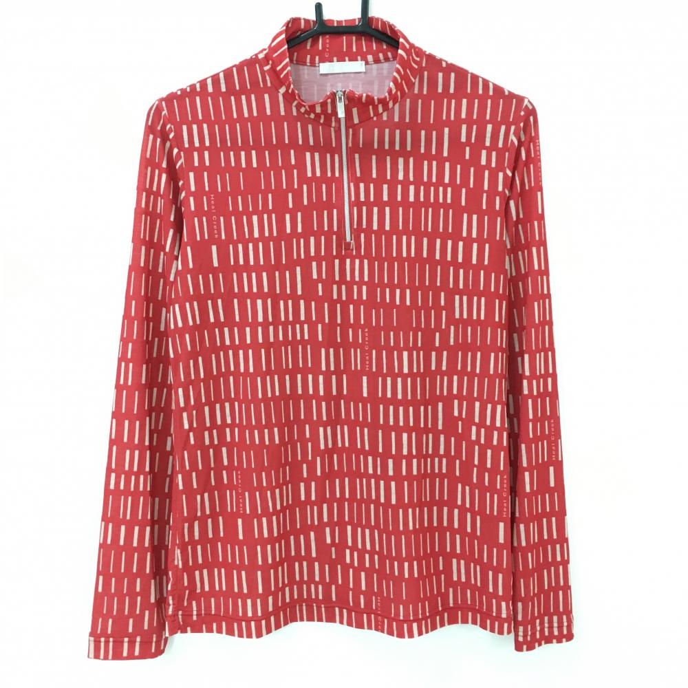 【超美品】ヒールクリーク 長袖ハイネックシャツ レッド×ライトベージュ 総柄 ハーフジップ レディース 42(L) ゴルフウェア Heal Creek