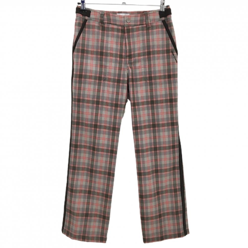 【美品】ヒールクリーク パンツ グレージュ×レッド チェック柄 ロゴ刺しゅう サイドライン  レディース 40(M) ゴルフウェア Heal Creek