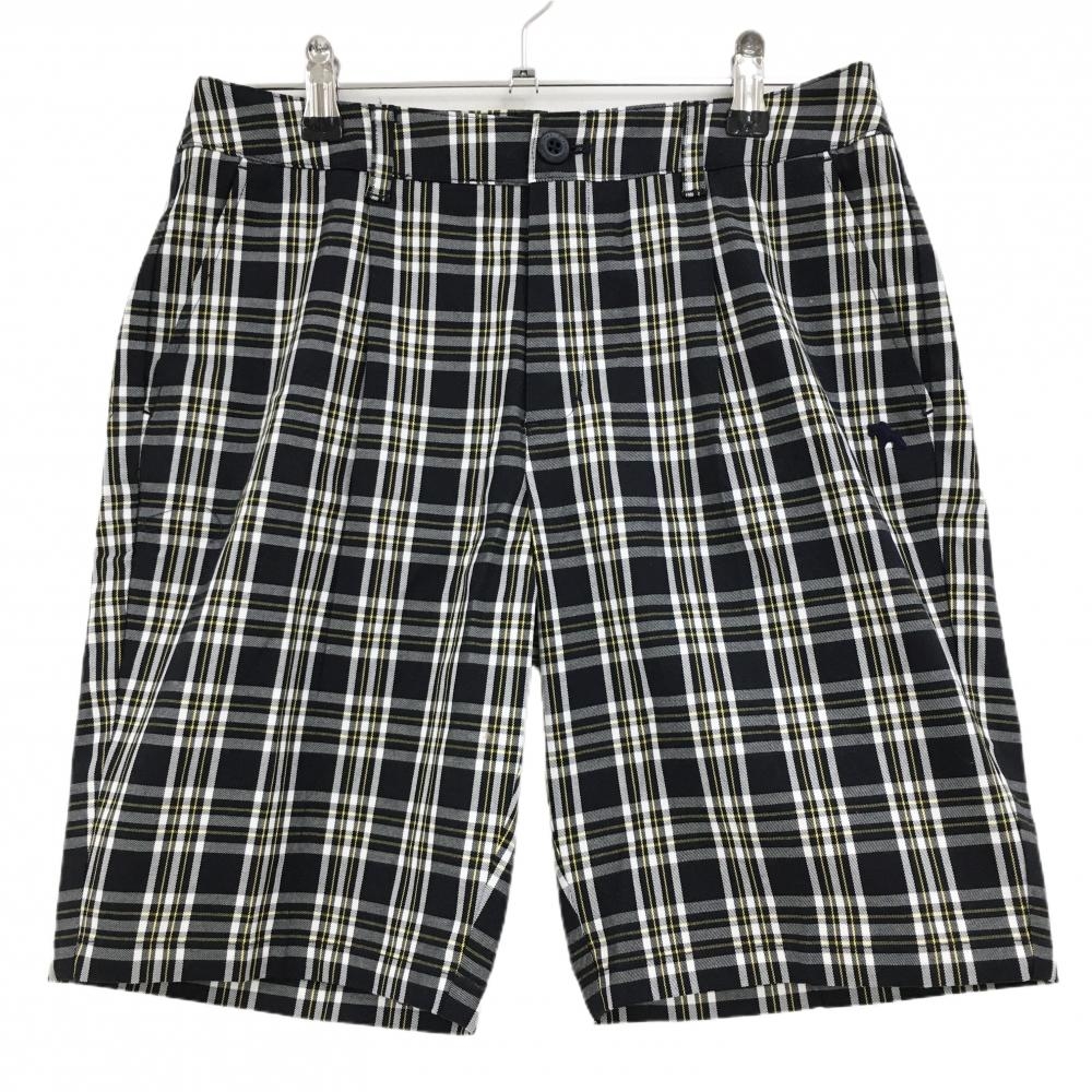 【超美品】ヒールクリーク ハーフパンツ ダークネイビー×白×イエロー チェック レディース 42(L) ゴルフウェア Heal Creek