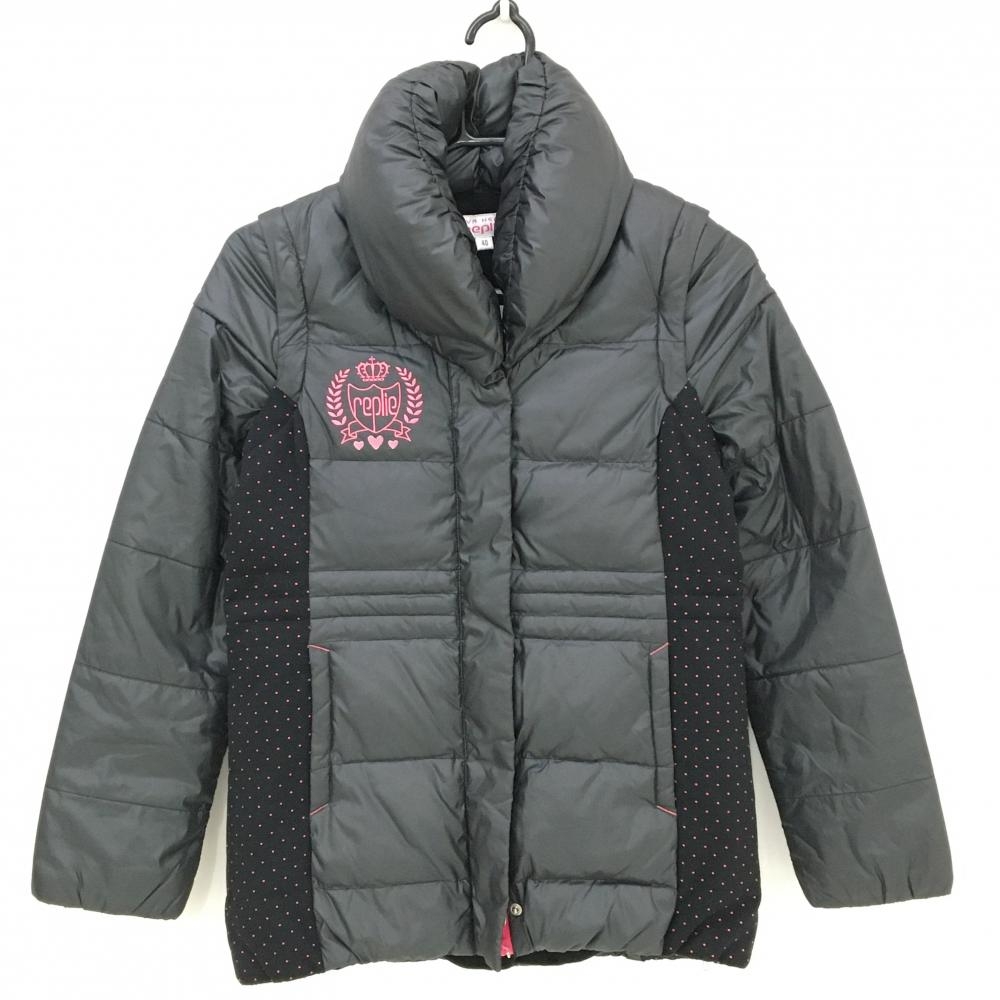 【超美品】ビバハートreplie 2WAYダウンジャケット 黒×ピンク サイドピンドット 袖着脱可  レディース 40(M) ゴルフウェア VIVA HEART
