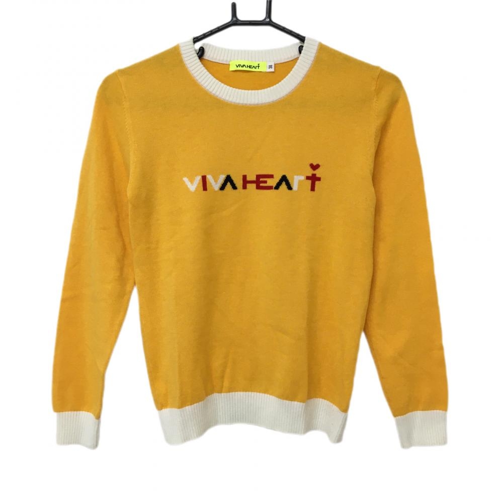【美品】ビバハート セーター イエロー×白 胸元ロゴ ウール混 ニット  レディース 38 ゴルフウェア VIVA HEART
