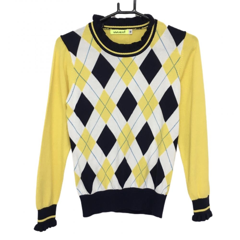 【美品】ビバハート セーター イエロー×ネイビー アーガイル柄 ニット ネック・袖口フリル  レディース 40(M) ゴルフウェア VIVA HEART
