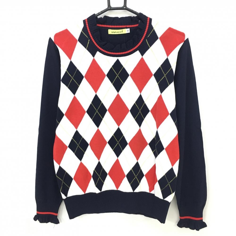 【美品】ビバハート セーター ネイビー×アイボリー アーガイル柄 ネック・袖口フリル ニット レディース 44(XL) ゴルフウェア VIVA HEART
