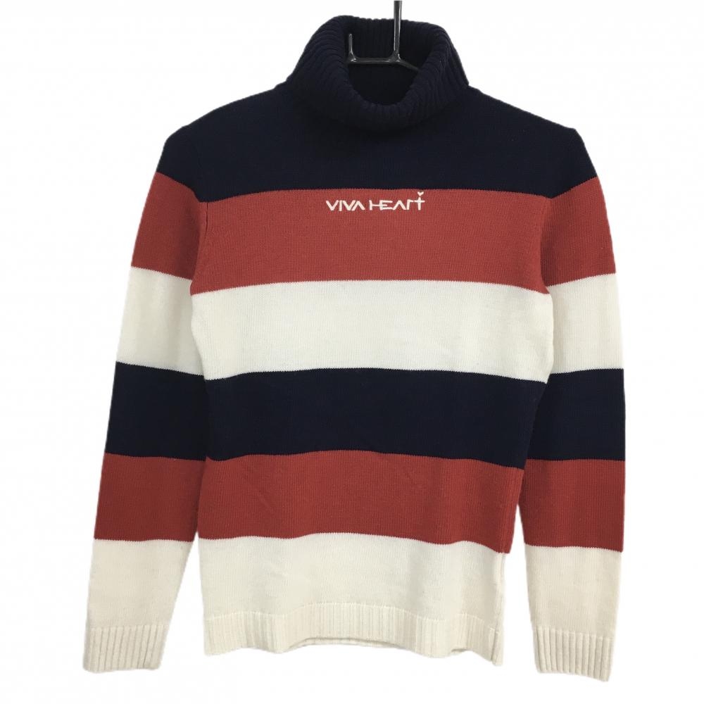 【美品】ビバハート タートルネックセーター ネイビー×レッド×白 ボーダー ニット  レディース 40(M) ゴルフウェア VIVA HEART
