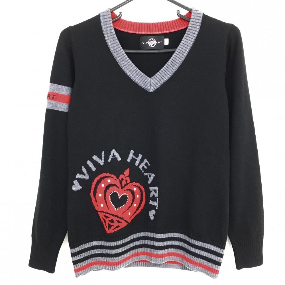 【美品】ビバハート セーター 黒×グレー×レッド Vネック ハート ニット レディース 42(L) ゴルフウェア VIVA HEART