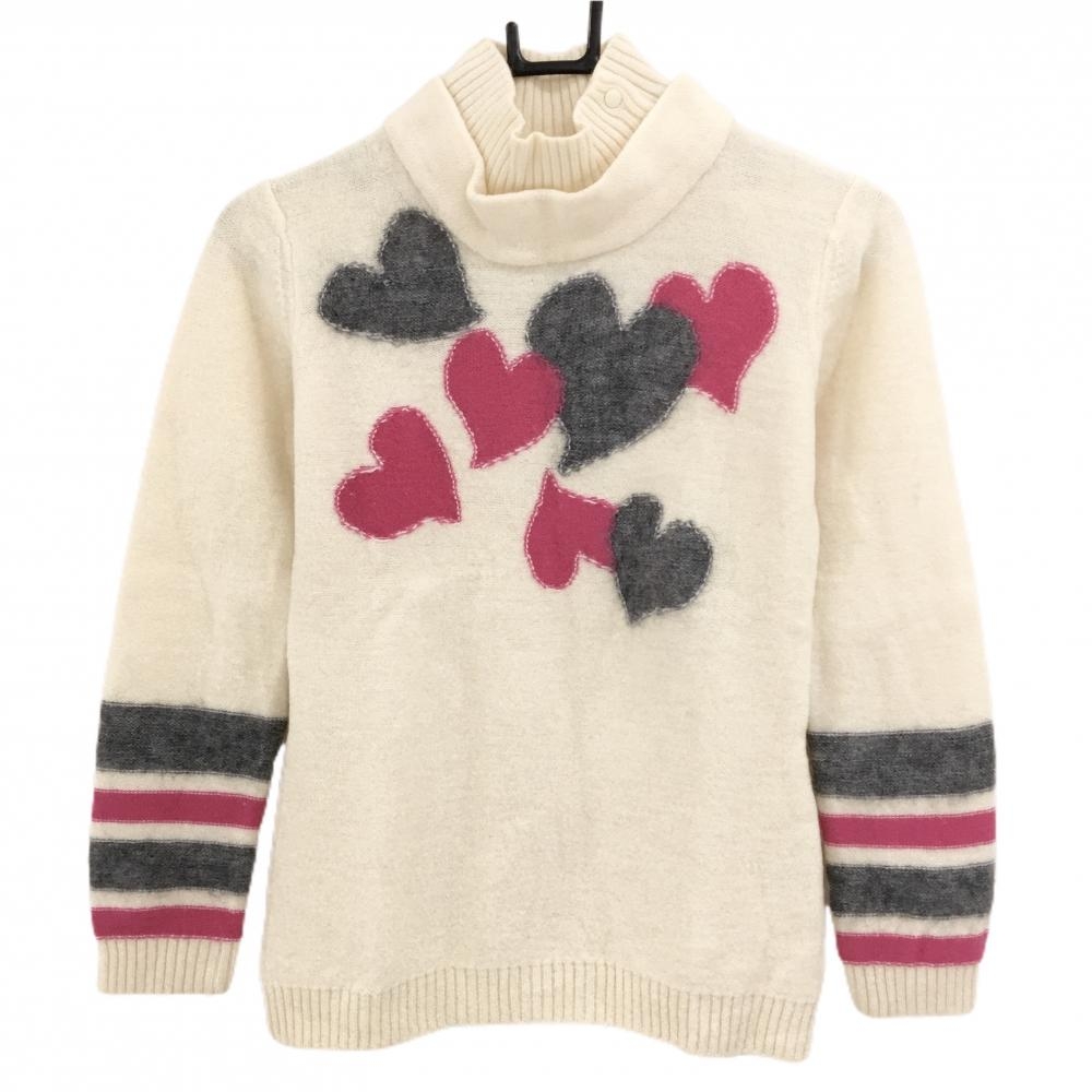 【美品】ビバハート セーター アイボリー×ピンク ハート柄 ウール混 ニット  レディース 40(M) ゴルフウェア VIVA HEART
