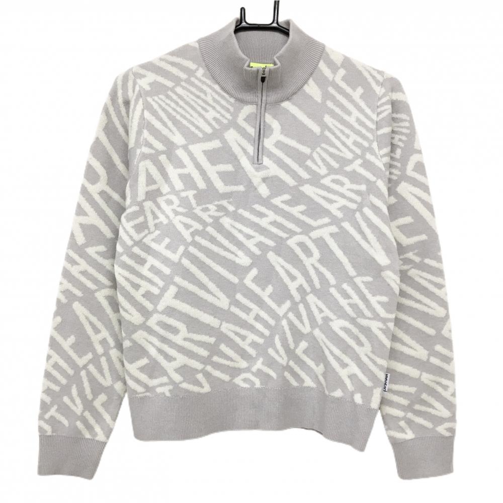 【超美品】ビバハート ハイネックセーター ライトグレー×白 ロゴ総柄 ニット ハーフジップ レディース 42(L) ゴルフウェア VIVA HEART